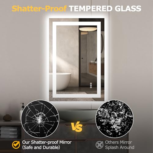Hivone LED Bathroom Mirror with Lights 24"x 36" Wall Vanity LED Mirror Stepless Dimmable,Double Front and Backlight,Anti-Fog,Memory Smart Mirror for Bathroom
