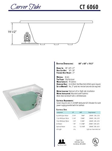 Carver Tubs - CT6060 - Corner Whirlpool Bathtub w/ 6 Jets - 60"L x 60"W x 19.5"H - White Triangle Two Person Acrylic Tub