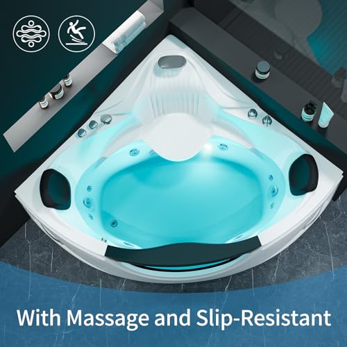 Acrylic Whirlpool Bathtub - Fan Shaped Corner Back to Wall Freestanding Whirlpool Tub, Therapy Hydro-Massage Soaking Tub with Double Pillow Chromatherapy Jets Tub
