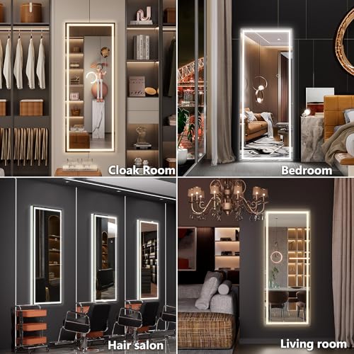 Hasipu LED Door Mirror Full Length, 44" x 16" Lighted Over The Door Hanging Mirror, Full Body Wall Mounted Mirror, Light Up Long Dressing Mirror, Square White