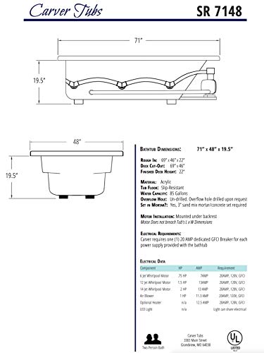 Carver Tubs - SR7148 - Modern Acrylic Fiberglass Whirlpool Tub Water Massage Two Person Jetted Bathtub, w/ 12 Jet - Two Person White Acrylic Spacious Tub - Adjustable Jets - 71"L x 48"W x 19.5"H