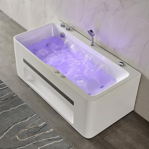Weibath 67'' Modern Acrylic Alcove Whirlpool Bathtub Rectangular Water Massage Bathtub Chromatherapy LED Soaking Tub with Bathtub Filler Faucet
