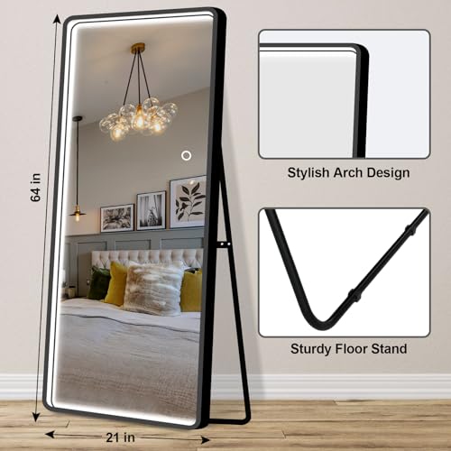 PexFix 64"x 21" LED Rectangle Full Length Mirror Standing Floor Mirror, Full Body Dressing Mirror, Wall Mounted Hanging Mirror for Bedroom, Black