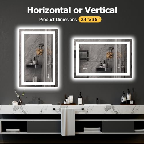 Hivone LED Bathroom Mirror with Lights 24"x 36" Wall Vanity LED Mirror Stepless Dimmable,Double Front and Backlight,Anti-Fog,Memory Smart Mirror for Bathroom