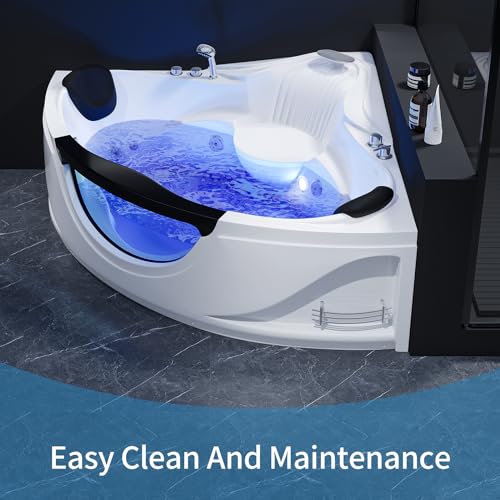 Acrylic Whirlpool Bathtub - Fan Shaped Corner Back to Wall Freestanding Whirlpool Tub, Therapy Hydro-Massage Soaking Tub with Double Pillow Chromatherapy Jets Tub
