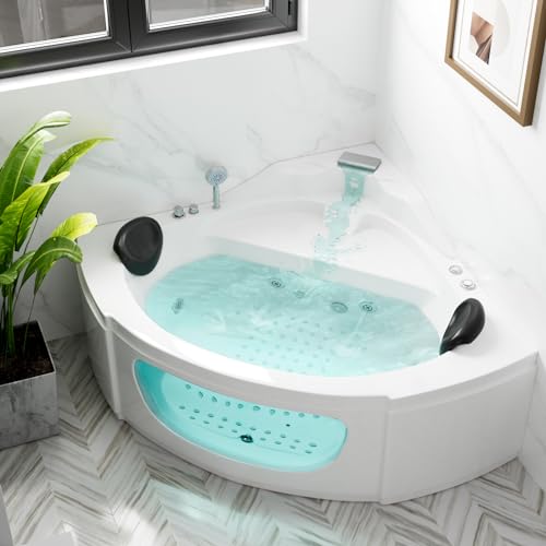 Corner Whirlpool Bathtub, 2 Person Whirlpool Tub 3-Side Apron Bathtub with 6 Filler Faucet Water Jets,2 Waterproof Pillows, Soaking Tub for Relaxation & Spa Experience