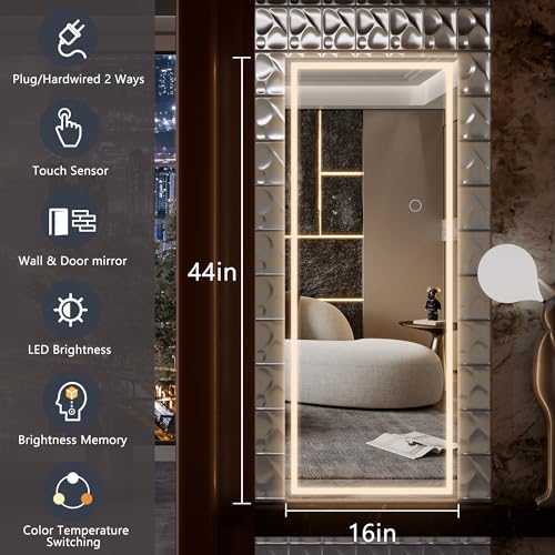Hasipu LED Door Mirror Full Length, 44" x 16" Lighted Over The Door Hanging Mirror, Full Body Wall Mounted Mirror, Light Up Long Dressing Mirror, Square White