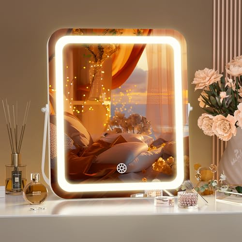 Hasipu Vanity Mirror with Lights, 10" x 12" LED Makeup Mirror, 3 Modes Light, Smart Touch Control Dimmable, 360°Rotation, Rounded Rectangle White Frame