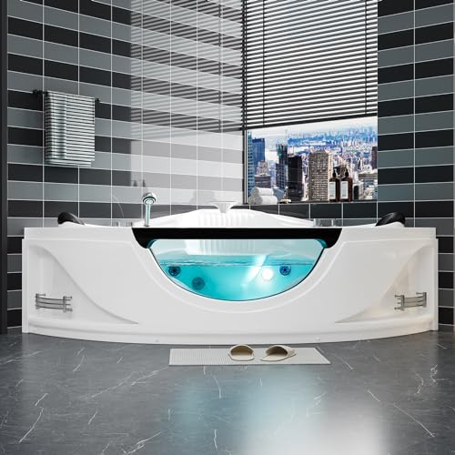 Acrylic Whirlpool Bathtub - Fan Shaped Corner Back to Wall Freestanding Whirlpool Tub, Therapy Hydro-Massage Soaking Tub with Double Pillow Chromatherapy Jets Tub