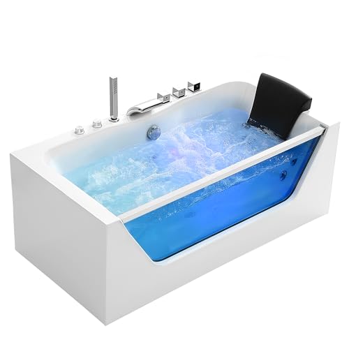 Empava Whirlpool Bathtub with 11 Jets,59" Spa Tub with Light,Hydromassage with Chromatherapy,Acrylic,3-Side Apron,White