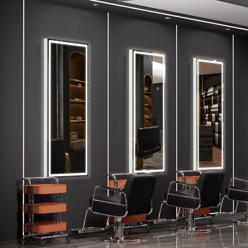 Hasipu LED Door Mirror Full Length, 44" x 16" Lighted Over The Door Hanging Mirror, Full Body Wall Mounted Mirror, Light Up Long Dressing Mirror, Square White