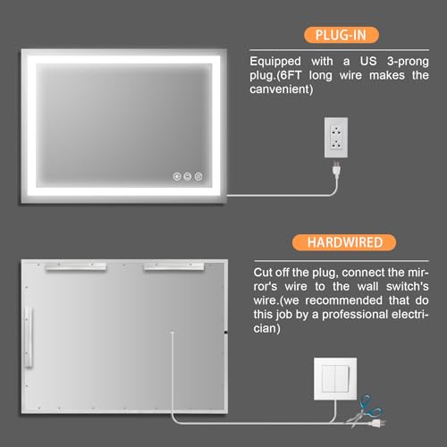Butylux 32x24 inch Wall Mounted LED Bathroom Mirror with 3000K-6000K Dimmable, Anti-Fog, Lighted Bathroom Mirror with Smart Touch Button, Memory Function(Horizontal/Vertical)