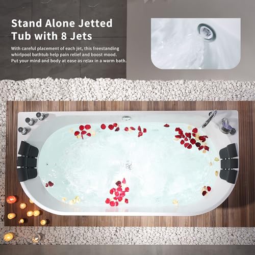 Empava 59-Inch Freestanding Whirlpool Bathtub,Acrylic 8 Hydromassage Jets Tub,59" x 30", Middle Drain, [ ETL Certificated ], Includes Faucet, Handheld Shower, and Waterproof Pillows