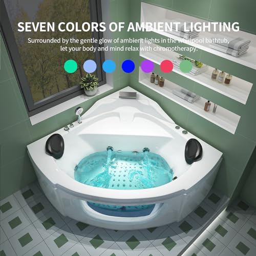 Corner Whirlpool Bathtub, 2 Person Whirlpool Tub 3-Side Apron Bathtub with 6 Filler Faucet Water Jets,2 Waterproof Pillows, Soaking Tub for Relaxation & Spa Experience