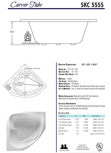Carver Tubs - SKC5555 - Modern Acrylic Whirlpool Tub Water Massage Two Person Jetted Bathtub, w/ 6 Jet - White Drop In Bathtub Triangular Corner Tub - Deep Relaxing Soak - 55"L x 55"W x 18.5"H