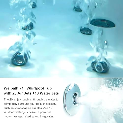 Weibath Whirlpool Bathtub 2 Person Jetted Bathtub 71" Massage Whirlpool Tub with 18 Water Jets+20 Air Jets,3 Sided Apron White Chromatherapy LED Jet Tub