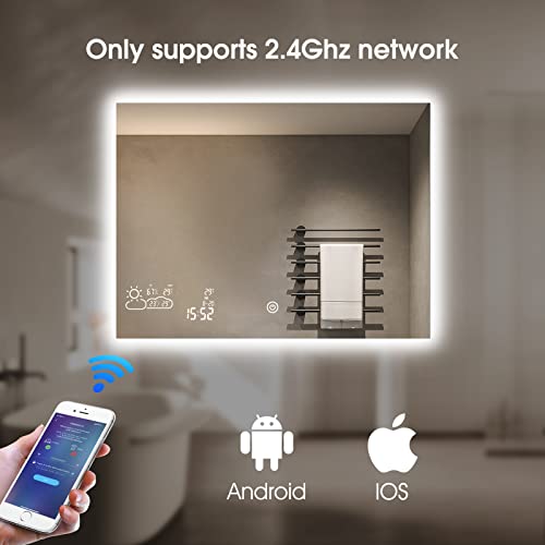 BYECOLD Smart Bathroom Mirror with Bluetooth Wi-Fi Enabled Weather Display, 32”X 24” Fog Free, LED Light Vanity Mirror Backlit Frameless Lighted Touch Sensor Makeup for Wall - Horizontally Hang Only