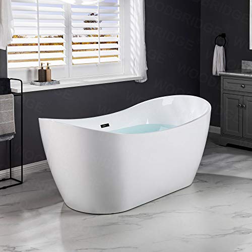 WOODBRIDGE 71" Acrylic Freestanding Bathtub Contemporary Soaking Tub, White Acrylic (Matte Black Drain/Overflow),B0017 MB Drain &O