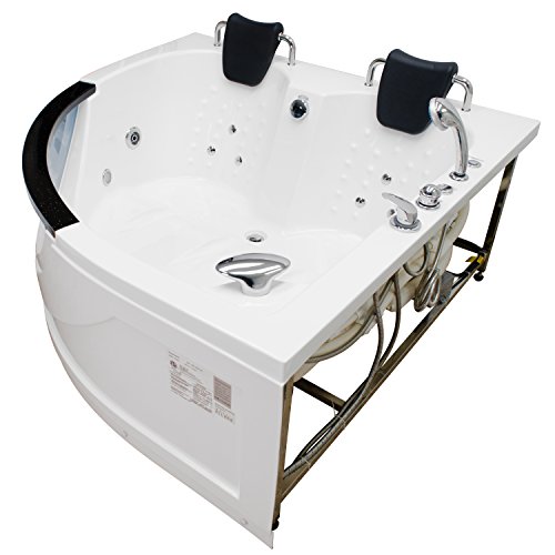 HOMEWARD BATH Chelsea Corner Whirlpool Bathtub with 10 Water Jets and Underwater Lights | 2 Person Whirlpool Tub | Inline Heater | Decorative Clear Glass Window | Pre-Mounted Faucet & Tub Filler |