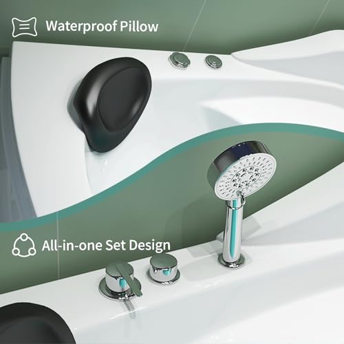 Corner Whirlpool Bathtub, 2 Person Whirlpool Tub 3-Side Apron Bathtub with 6 Filler Faucet Water Jets,2 Waterproof Pillows, Soaking Tub for Relaxation & Spa Experience