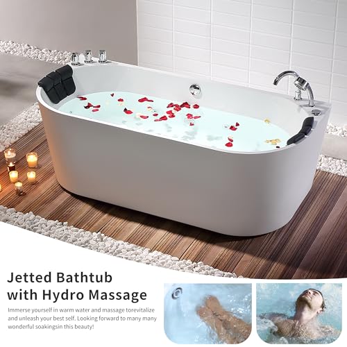 Empava 59-Inch Freestanding Whirlpool Bathtub,Acrylic 8 Hydromassage Jets Tub,59" x 30", Middle Drain, [ ETL Certificated ], Includes Faucet, Handheld Shower, and Waterproof Pillows