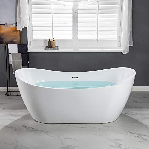 WOODBRIDGE 71" Acrylic Freestanding Bathtub Contemporary Soaking Tub, White Acrylic (Matte Black Drain/Overflow),B0017 MB Drain &O