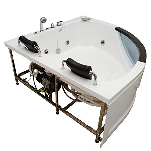 HOMEWARD BATH Chelsea Corner Whirlpool Bathtub with 10 Water Jets and Underwater Lights | 2 Person Whirlpool Tub | Inline Heater | Decorative Clear Glass Window | Pre-Mounted Faucet & Tub Filler |