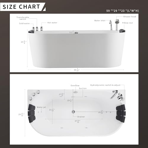 Empava 59-Inch Freestanding Whirlpool Bathtub,Acrylic 8 Hydromassage Jets Tub,59" x 30", Middle Drain, [ ETL Certificated ], Includes Faucet, Handheld Shower, and Waterproof Pillows
