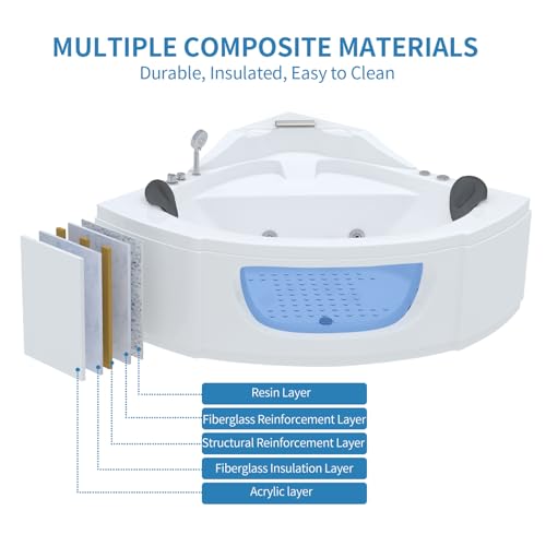 Corner Whirlpool Bathtub, 2 Person Whirlpool Tub 3-Side Apron Bathtub with 6 Filler Faucet Water Jets,2 Waterproof Pillows, Soaking Tub for Relaxation & Spa Experience