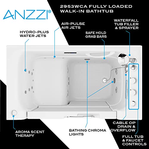 ANZZI Walk In Tub 53'' x 29'' Left Drain, Wheelchair Access, Air & Whirlpool Jets, Quick Fill, Handheld Shower, Aromatherapy, Chromatherapy, ADA-Compliant, Slip-Resistant, AutoDrain - 2953WCLWD