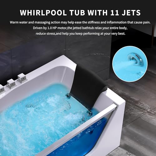Empava Whirlpool Bathtub with 11 Jets,59" Spa Tub with Light,Hydromassage with Chromatherapy,Acrylic,3-Side Apron,White