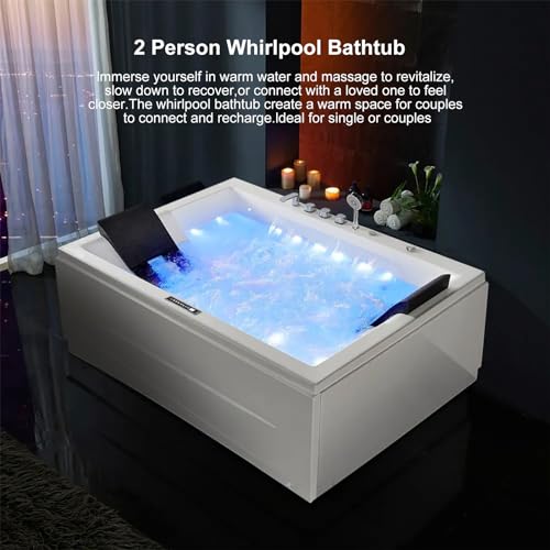 Weibath Whirlpool Bathtub 2 Person Jetted Bathtub 71" Massage Whirlpool Tub with 18 Water Jets+20 Air Jets,3 Sided Apron White Chromatherapy LED Jet Tub