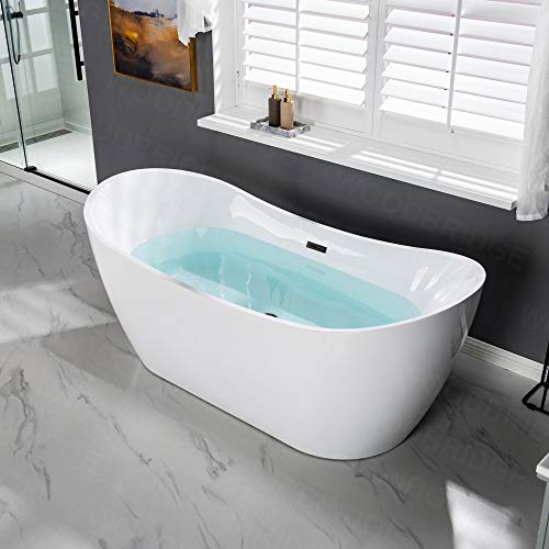 WOODBRIDGE 71" Acrylic Freestanding Bathtub Contemporary Soaking Tub, White Acrylic (Matte Black Drain/Overflow),B0017 MB Drain &O