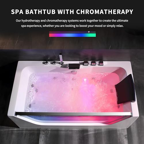 Empava Whirlpool Bathtub with 11 Jets,59" Spa Tub with Light,Hydromassage with Chromatherapy,Acrylic,3-Side Apron,White