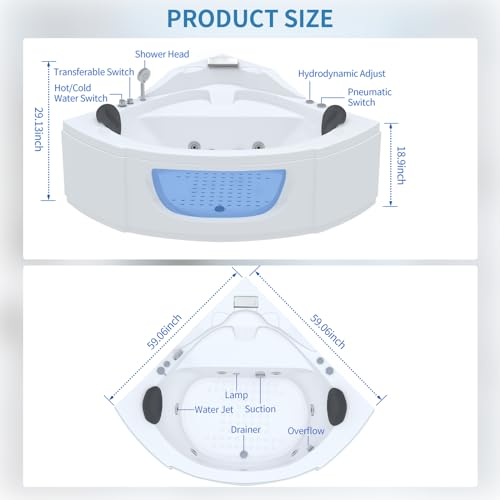 Corner Whirlpool Bathtub, 2 Person Whirlpool Tub 3-Side Apron Bathtub with 6 Filler Faucet Water Jets,2 Waterproof Pillows, Soaking Tub for Relaxation & Spa Experience