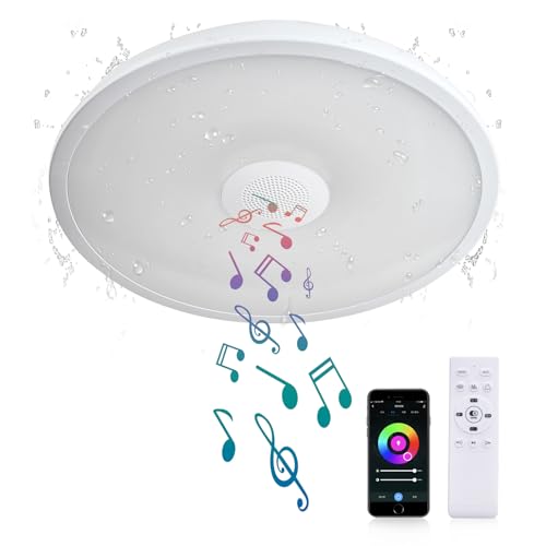 ASALL Smart Waterproof LED Ceiling Light Fixture,11 inch 18W,with Bluetooth Speaker,RGB Color Changing function-2700k-6500k Dimmable Lamp,Tuya Application Control-Compatible with Alexa Google Home