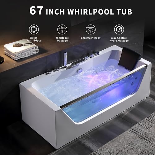 Empava 67" Center Drain Acrylic Rectangular 3-wall Alcove Whirlpool Bathtub in White
