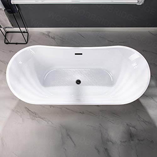 WOODBRIDGE 71" Acrylic Freestanding Bathtub Contemporary Soaking Tub, White Acrylic (Matte Black Drain/Overflow),B0017 MB Drain &O