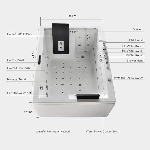 Weibath Whirlpool Bathtub 2 Person Jetted Bathtub 71" Massage Whirlpool Tub with 18 Water Jets+20 Air Jets,3 Sided Apron White Chromatherapy LED Jet Tub