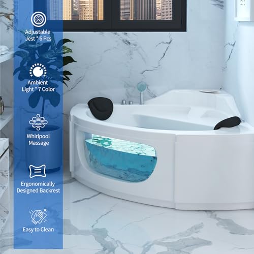 Corner Whirlpool Bathtub, 2 Person Whirlpool Tub 3-Side Apron Bathtub with 6 Filler Faucet Water Jets,2 Waterproof Pillows, Soaking Tub for Relaxation & Spa Experience