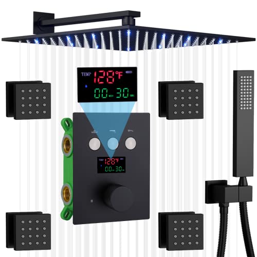 AYIVG Matte Black Shower System with 4PCS Body Jets 12 Inch LED Wall Mounted Rain Shower System Temperature Display Thermostatic Rainfall Shower Faucet Set Combo Can Be Used Simultaneously