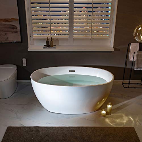 WOODBRIDGE 55" Acrylic Freestanding Bathtub Contemporary Soaking White Tub with Brushed Nickel Overflow and Drain,BTA1418 -B/N-Drain &O