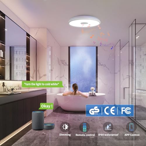 ASALL Smart Waterproof LED Ceiling Light Fixture,11 inch 18W,with Bluetooth Speaker,RGB Color Changing function-2700k-6500k Dimmable Lamp,Tuya Application Control-Compatible with Alexa Google Home