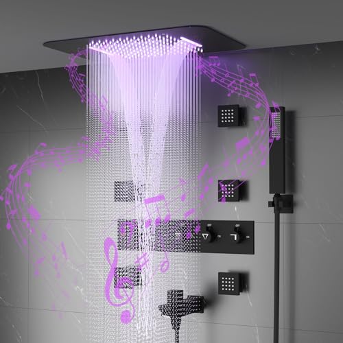 Doozoler Thermostatic Shower System, Full Body shower syetem with Body Jets, 23 Inch Rainfall Waterfall Overhead Shower System in Matte Black