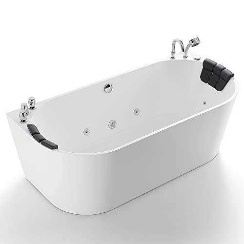 Empava 59-Inch Freestanding Whirlpool Bathtub,Acrylic 8 Hydromassage Jets Tub,59" x 30", Middle Drain, [ ETL Certificated ], Includes Faucet, Handheld Shower, and Waterproof Pillows