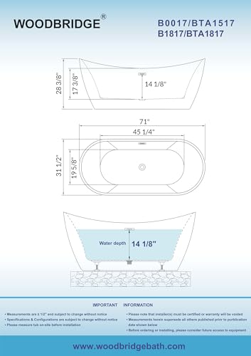 WOODBRIDGE 71" Acrylic Freestanding Bathtub Contemporary Soaking Tub, White Acrylic (Matte Black Drain/Overflow),B0017 MB Drain &O