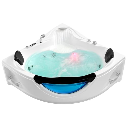Empava Corner Whirlpool Bathtub with Heater,2 Person Jetted Tub with Light,Spa Hydromassage with Chromatherapy,Acrylic,59 in