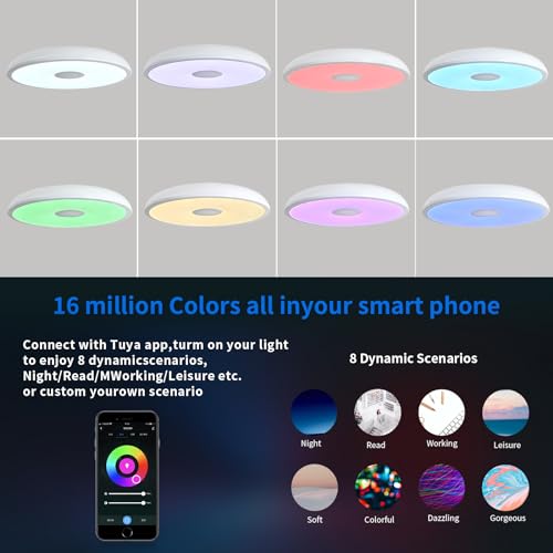 ASALL Smart Waterproof LED Ceiling Light Fixture,11 inch 18W,with Bluetooth Speaker,RGB Color Changing function-2700k-6500k Dimmable Lamp,Tuya Application Control-Compatible with Alexa Google Home