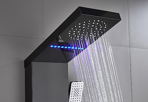 ELLO&ALLO Shower Panel System Tower, LED Rainfall and Mist Head Rain Massage Stainless Steel Bathroom Fixtures with LED Body Jets, Brushed Black