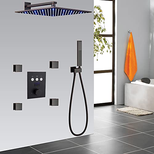 AYIVG Matte Black Shower System with 4PCS Body Jets 12 Inch LED Wall Mounted Rain Shower System Temperature Display Thermostatic Rainfall Shower Faucet Set Combo Can Be Used Simultaneously